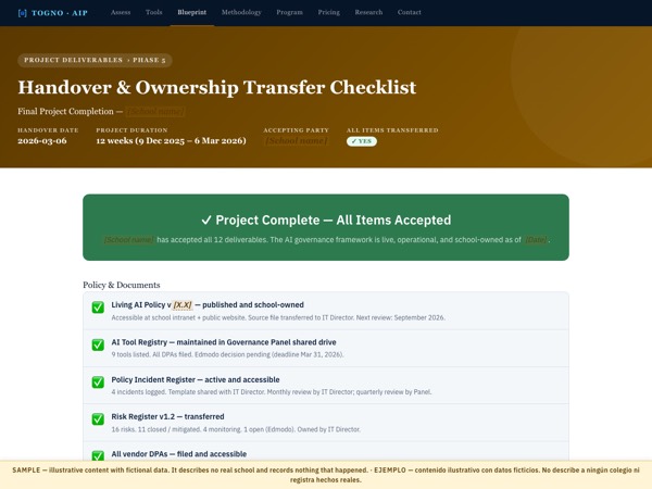 First page of the Handover Document sample, marked SAMPLE
