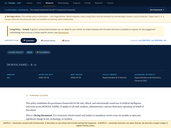 First page of the Living AI Policy sample, marked SAMPLE